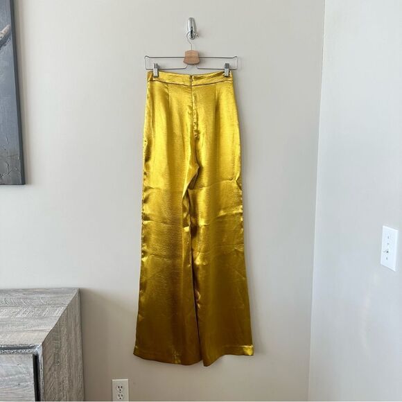 Hanifa-Golden Yellow Satin High Rise Wide Leg Long Trousers (Size:XS) - Picture 3 of 12